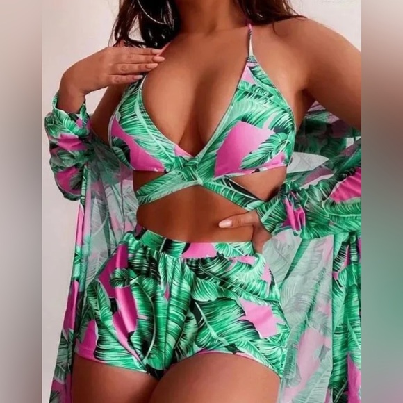 NWOT 3pc. TROPICAL PRINT SWIMSUIT. BIKINI TOP, SHORTS, COVERUP/KIMONO Sz. L - Picture 1 of 6